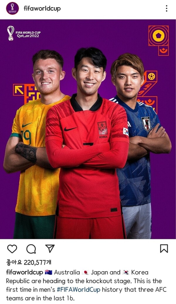 국제축구연맹(FIFA)이 한국과 일본, 호주의 아시아 돌풍을 전했다. (사진=FIFA 인스타그램 캡처)